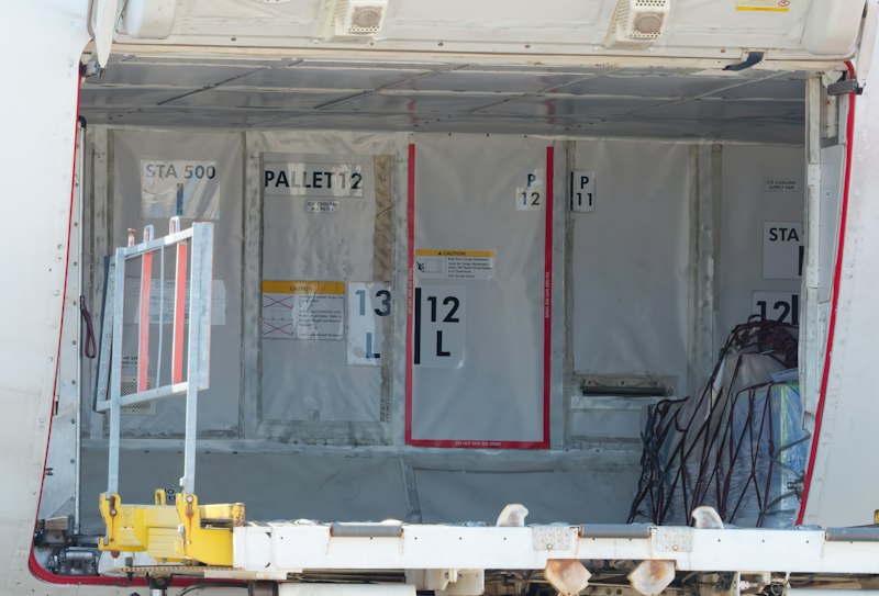 Bodega de carga de un avión abierta, con las posiciones de pallets numeradas