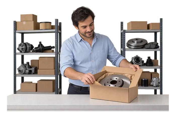 Un comerciante revisa repuestos de auto dentro de una caja, en un local con estanterías