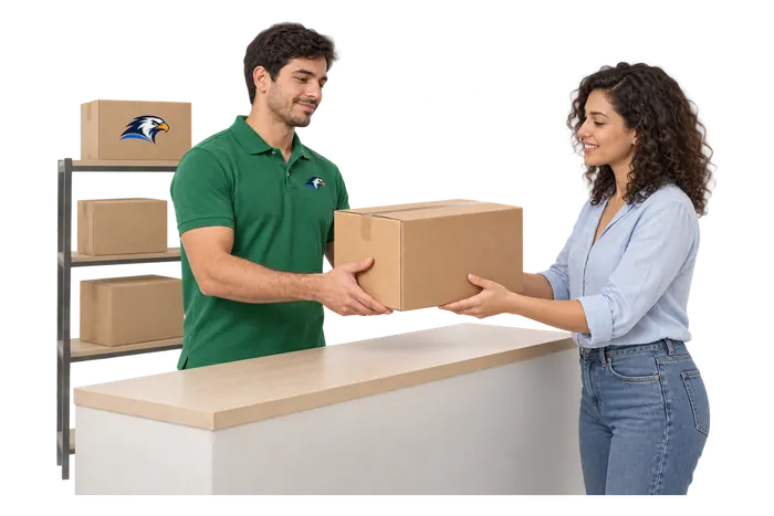 Una persona con remera verde le pasa una caja a una clienta en un mostrador